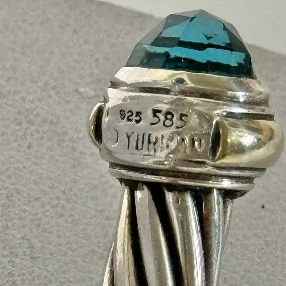 David Yurman 7mm Blue Topaz Cable Classic Cuff Bracelet .925/14K - Picture 8 of 10